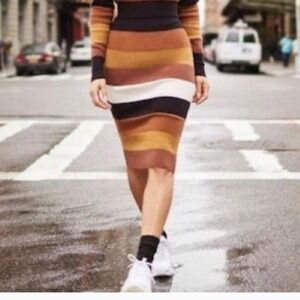 Express x Negin Mirsalehi Womens XS Striped Knit Bodycon Pencil Midi Skirt Brown